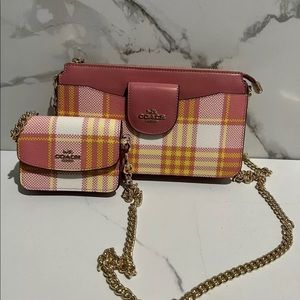 NWT Coach Poppy Canvas & Leather Crossbody Wallet Pink Orange Plaid Gold c8682